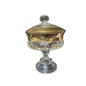 Vintage Indiana Glass Kings Crown Thumbprint Compote with Gold Trim and Lid